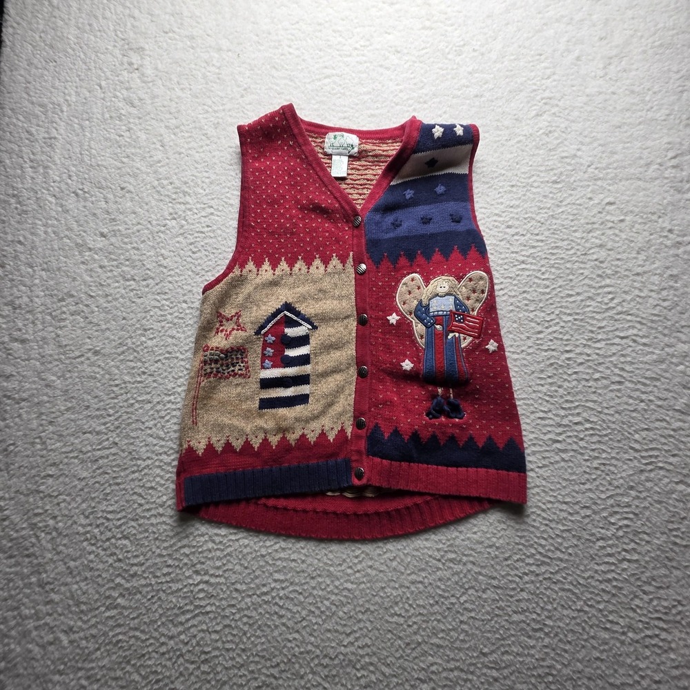 The Quacker Factory Sweater Vest Womens Small Red V Neck Patriotic Angel Knit
